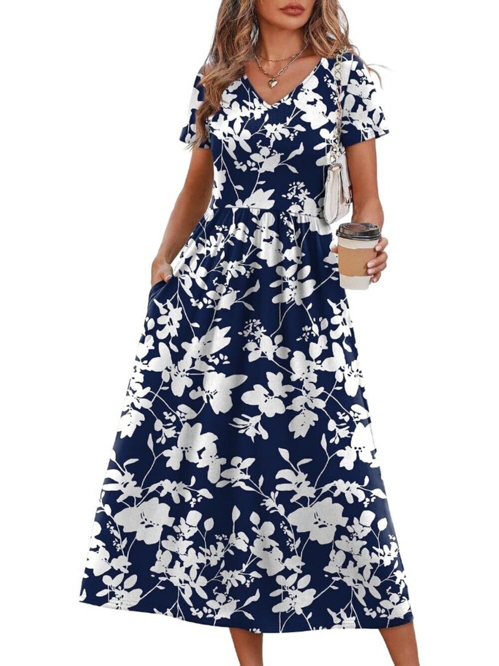 Women's Navy Blue White Floral Sundresses Pockets Flowy Casual A-Line Midi Dress